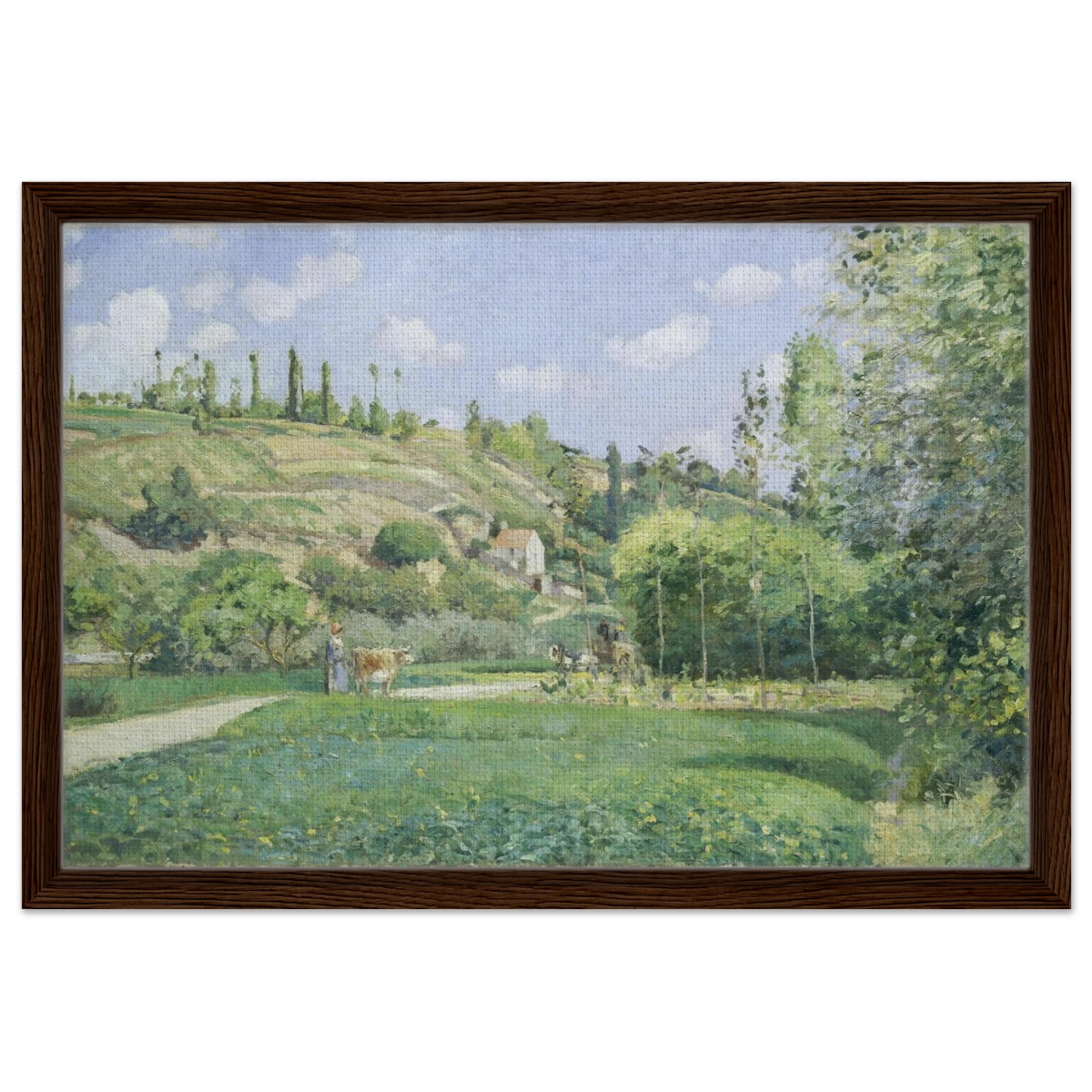A Cowherd at Valhermeil, Auvers - sur - Oise (1874) by Camille Pissarro | Nature Wall art Print - Framed Canvas - 40x60 cm / 16x24″ - Dark wood frame