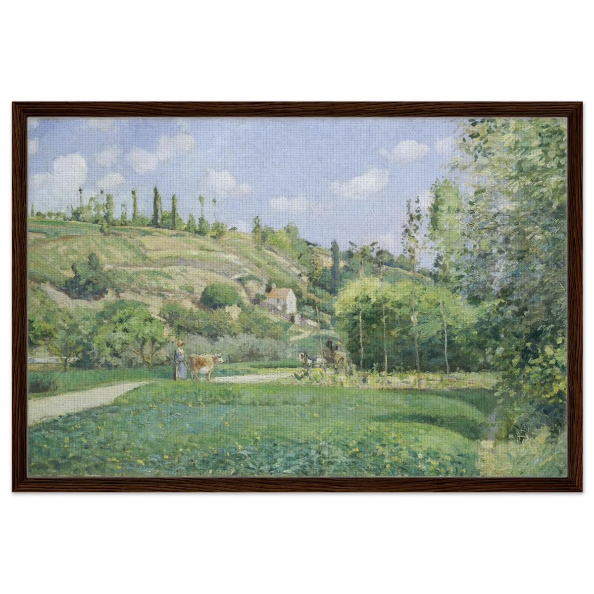 A Cowherd at Valhermeil, Auvers - sur - Oise (1874) by Camille Pissarro | Nature Wall art Print - Framed Canvas - 60x90 cm / 24x36″ - Dark wood frame