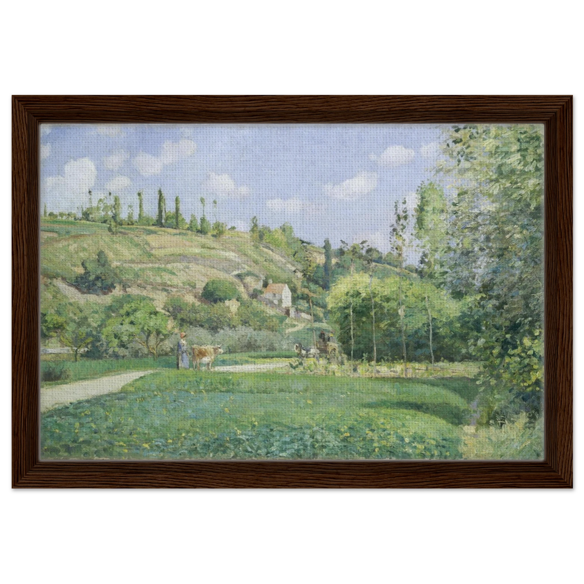 A Cowherd at Valhermeil, Auvers - sur - Oise (1874) by Camille Pissarro | Nature Wall art Print - Framed Canvas - 30x45 cm / 12x18″ - Dark wood frame