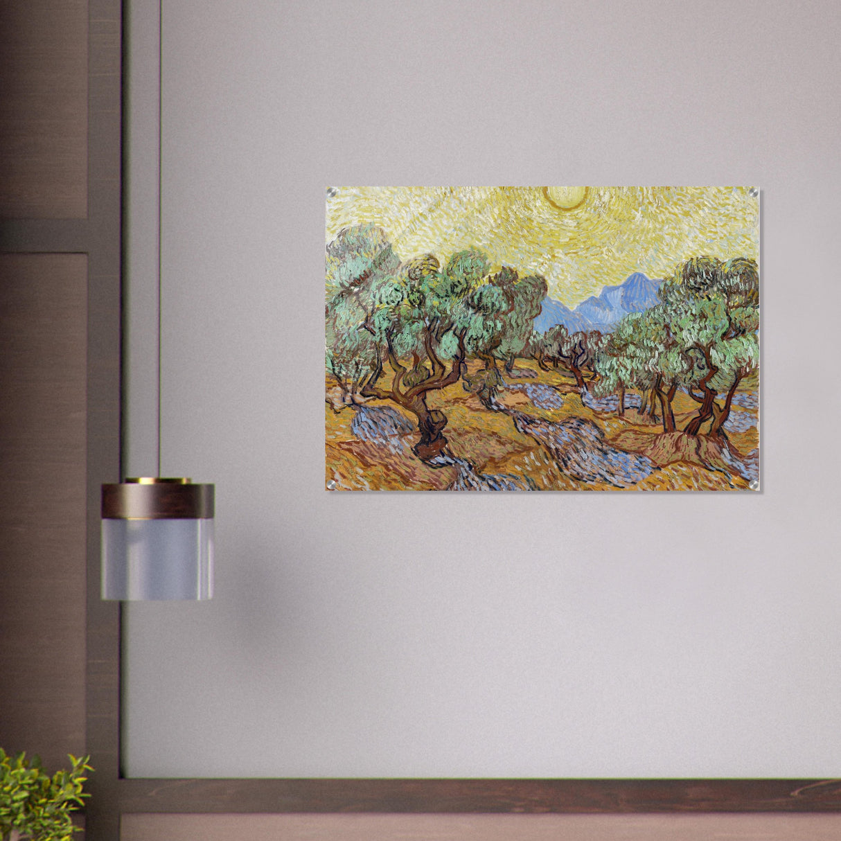 olive trees with yellow sky and sun by vincent van gogh wall art