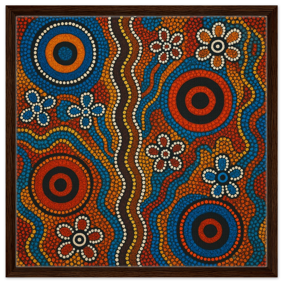 Aboriginal Dreaming Circles Wall Art Print - Framed Canvas - 60x60 cm / 24x24″ - Dark wood frame