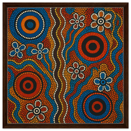 Aboriginal Dreaming Circles Wall Art Print - Framed Canvas - 60x60 cm / 24x24″ - Dark wood frame