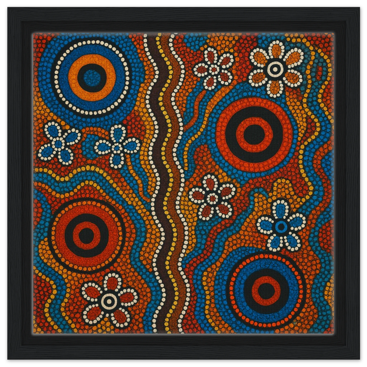 Aboriginal Dreaming Circles Wall Art Print - Framed Canvas - 30x30 cm / 12x12″ - Black frame