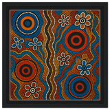 Aboriginal Dreaming Circles Wall Art Print - Framed Canvas - 30x30 cm / 12x12″ - Black frame