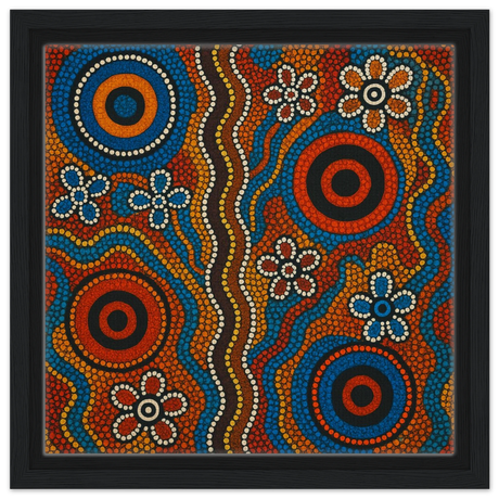 Aboriginal Dreaming Circles Wall Art Print - Framed Canvas - 30x30 cm / 12x12″ - Black frame