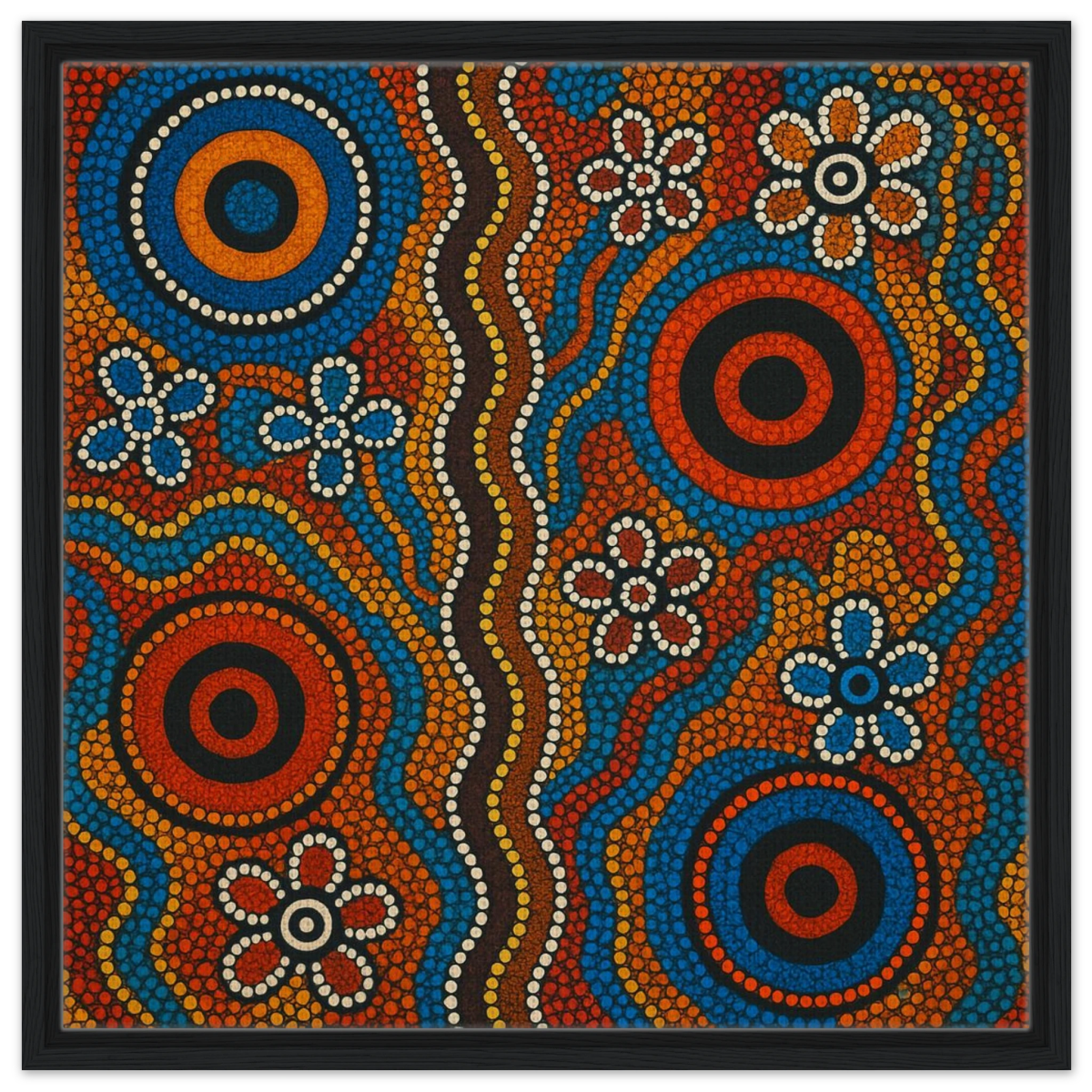 Aboriginal Dreaming Circles Wall Art Print - Framed Canvas - 60x60 cm / 24x24″ - Black frame
