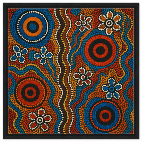 Aboriginal Dreaming Circles Wall Art Print - Framed Canvas - 60x60 cm / 24x24″ - Black frame