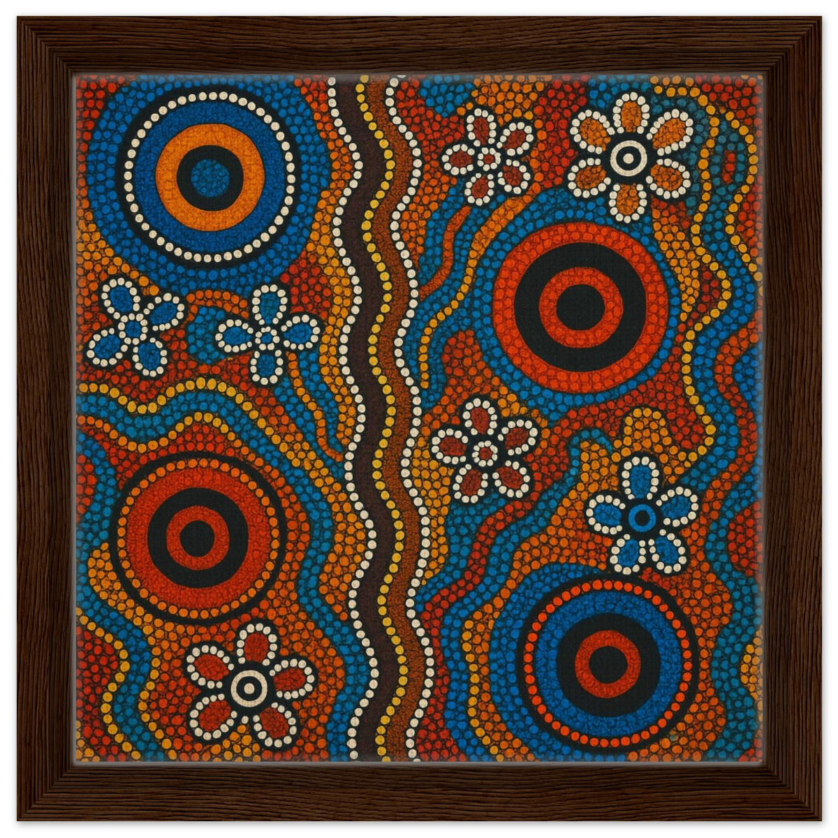Aboriginal Dreaming Circles Wall Art Print - Framed Canvas - 30x30 cm / 12x12″ - Dark wood frame