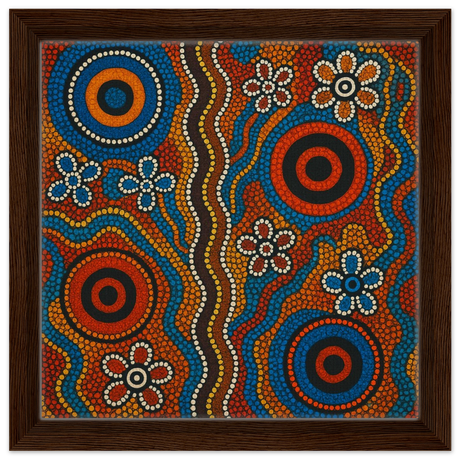 Aboriginal Dreaming Circles Wall Art Print - Framed Canvas - 30x30 cm / 12x12″ - Dark wood frame