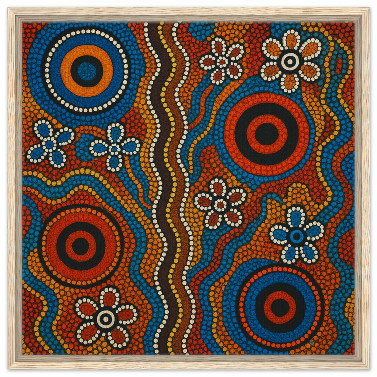 Aboriginal Dreaming Circles Wall Art Print - Framed Canvas - 60x60 cm / 24x24″ - Wood frame