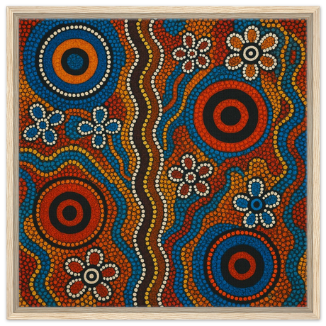 Aboriginal Dreaming Circles Wall Art Print - Framed Canvas - 60x60 cm / 24x24″ - Wood frame