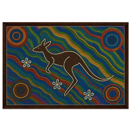 Aboriginal Kangaroo Dreaming Wall Art Print - Framed Canvas - 50x75 cm / 20x30″ - Dark wood frame