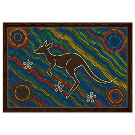 Aboriginal Kangaroo Dreaming Wall Art Print - Framed Canvas - 40x60 cm / 16x24″ - Dark wood frame