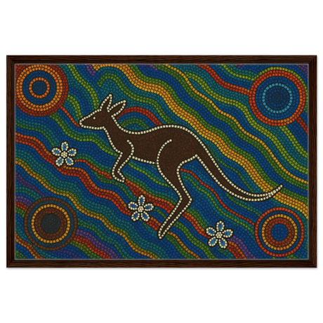 Aboriginal Kangaroo Dreaming Wall Art Print - Framed Canvas - 60x90 cm / 24x36″ - Dark wood frame