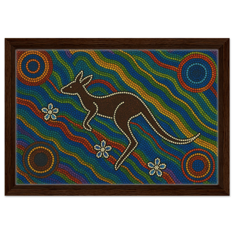 Aboriginal Kangaroo Dreaming Wall Art Print - Framed Canvas - 30x45 cm / 12x18″ - Dark wood frame