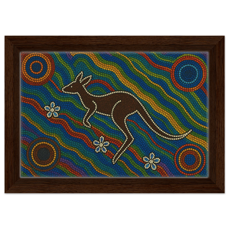 Aboriginal Kangaroo Dreaming Wall Art Print - Framed Canvas - 20x30 cm / 8x12″ - Dark wood frame