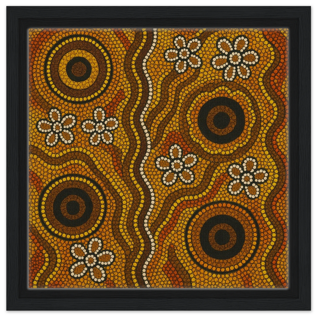 Aboriginal Ochre Earth Tones Wall Art Print - Framed Canvas - 30x30 cm / 12x12″ - Black frame