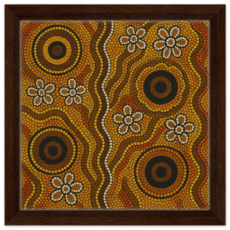 Aboriginal Ochre Earth Tones Wall Art Print - Framed Canvas - 30x30 cm / 12x12″ - Dark wood frame