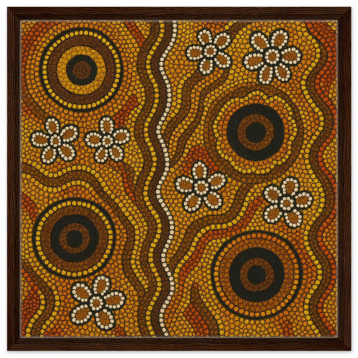 Aboriginal Ochre Earth Tones Wall Art Print - Framed Canvas - 60x60 cm / 24x24″ - Dark wood frame