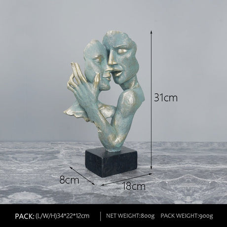 Abstract Couple Mask Sculpture – Modern Resin Art Décor - White Gold - 