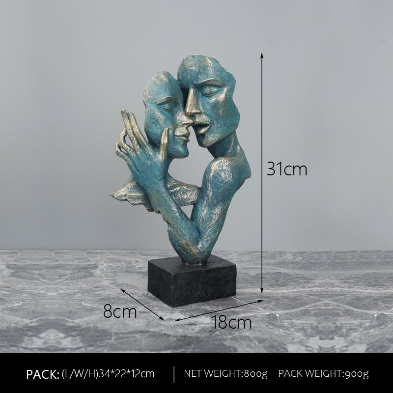 Abstract Couple Mask Sculpture – Modern Resin Art Décor - Green Gold - 
