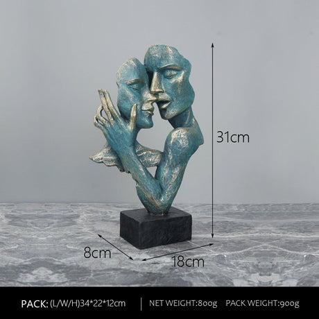 Abstract Couple Mask Sculpture – Modern Resin Art Décor - Green Gold - 