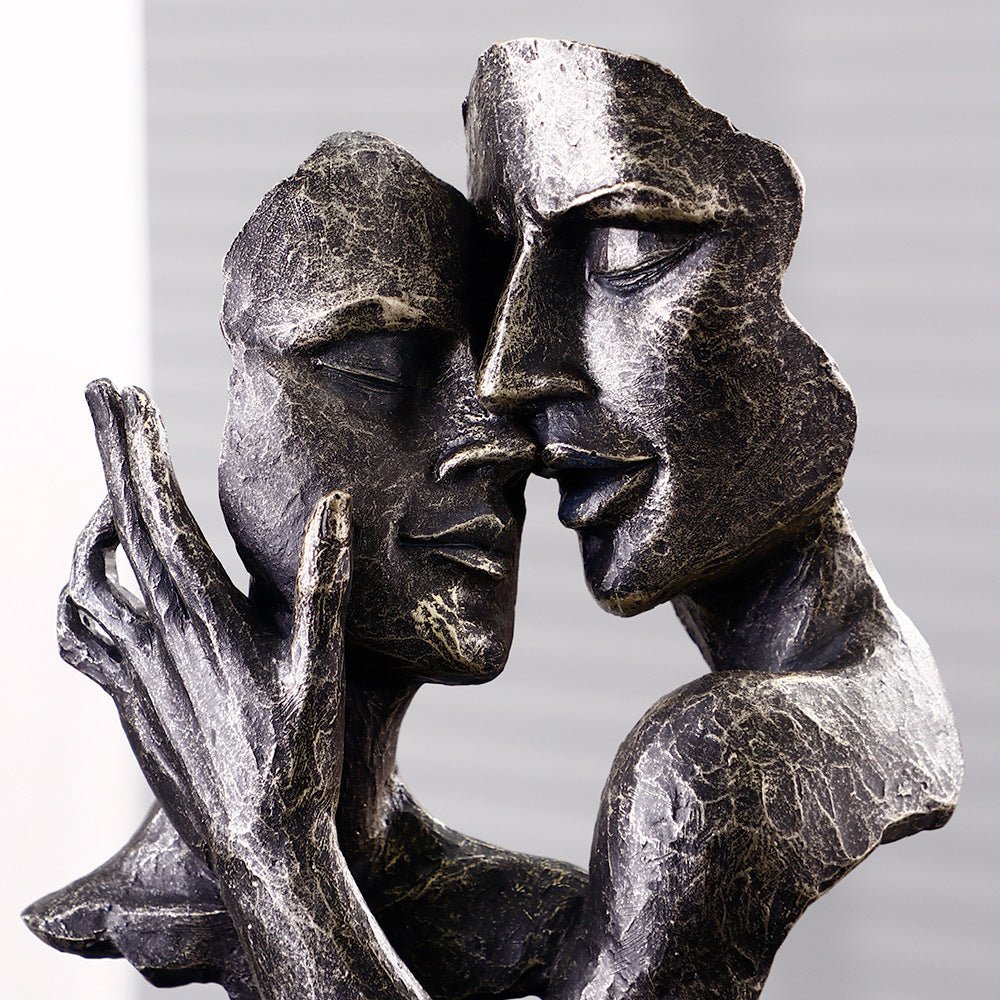 Abstract Couple Mask Sculpture – Modern Resin Art Décor - Green Gold - 