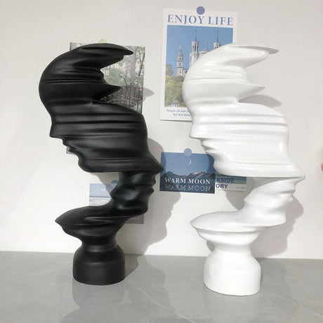 Abstract Face Sculpture – Modern Black & White Décor - White - 