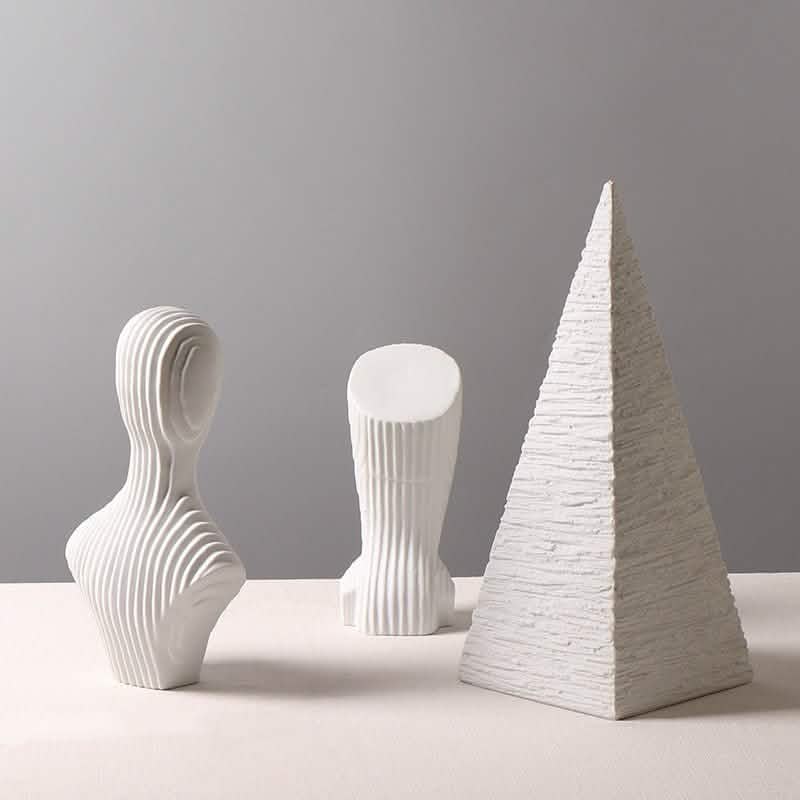 Abstract Geometric Sculpture – Modern Minimalist White Resin Statues with Pyramid & Bust for Contemporary Home Décor - Large - White - 