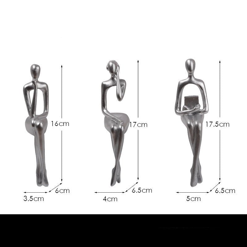 Abstract Sitting Figures Resin Sculpture Set – Modern Three - Piece Décor - Silver Set - 
