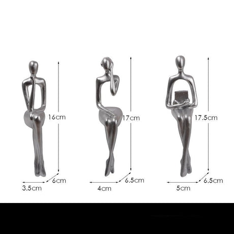 Abstract Sitting Figures Resin Sculpture Set – Modern Three - Piece Décor - Silver Set - 