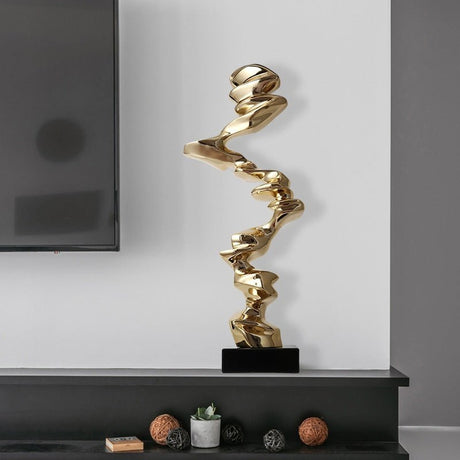 Abstract Spiral Resin Sculpture with Black Marble Base – Modern Decorative Art Ornament - Bright Gold - 92 cm - 
