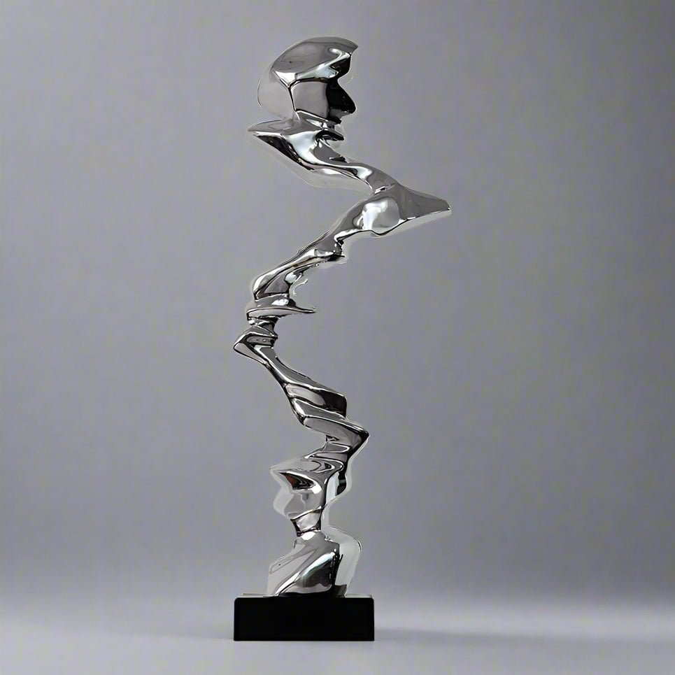 Abstract Spiral Resin Sculpture with Black Marble Base – Modern Decorative Art Ornament - Elegant Silver - 92 cm - 