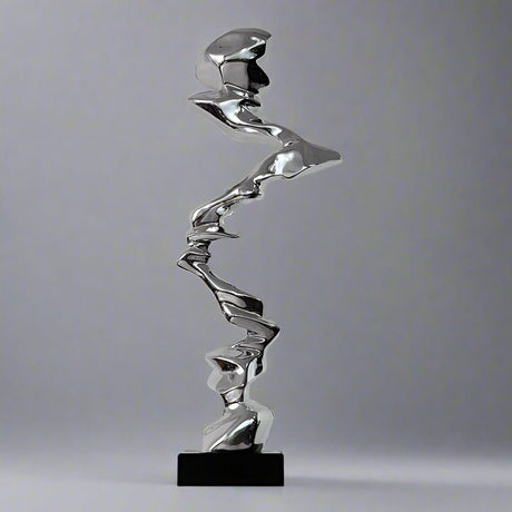 Abstract Spiral Resin Sculpture with Black Marble Base – Modern Decorative Art Ornament - Elegant Silver - 92 cm - 