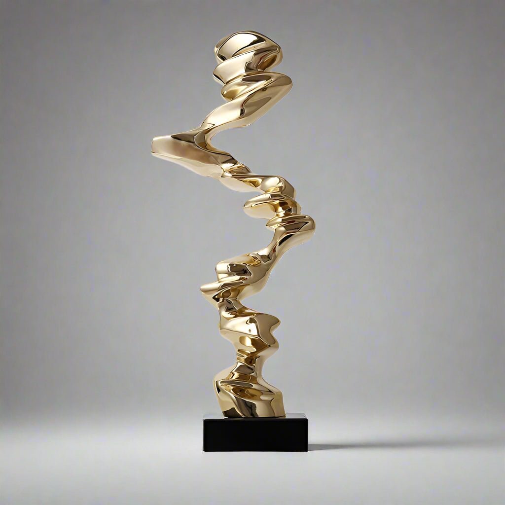 Abstract Spiral Resin Sculpture with Black Marble Base – Modern Decorative Art Ornament - Bright Gold - 92 cm - 