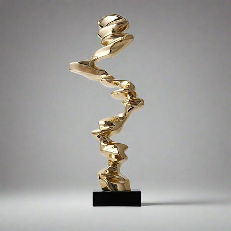 Abstract Spiral Resin Sculpture with Black Marble Base – Modern Decorative Art Ornament - Bright Gold - 92 cm - 