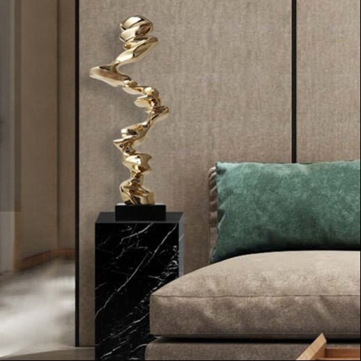 Abstract Spiral Resin Sculpture with Black Marble Base – Modern Decorative Art Ornament - Bright Gold - 92 cm - 