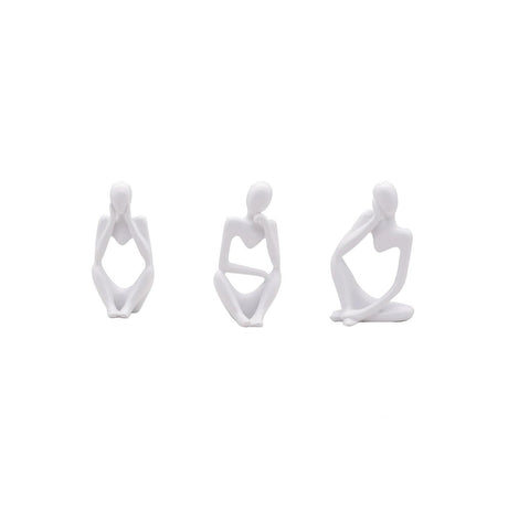 Abstract Thinker Resin Sculpture – Modern Artistic Ornaments in Black, White & Gold - Set - White - 