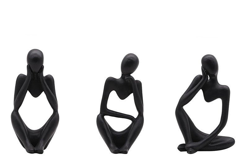Abstract Thinker Resin Sculpture – Modern Artistic Ornaments in Black, White & Gold - Set - Black - 