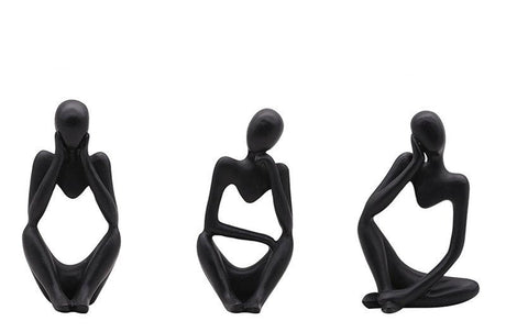 Abstract Thinker Resin Sculpture – Modern Artistic Ornaments in Black, White & Gold - Set - Black - 