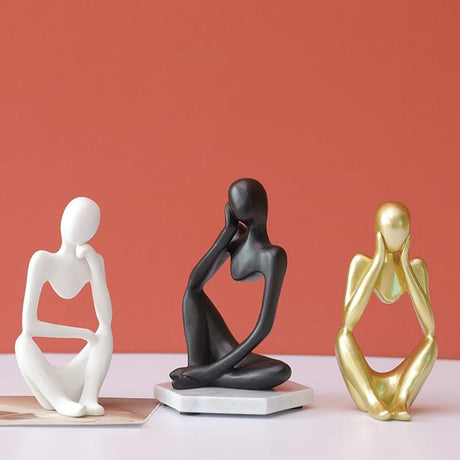 Abstract Thinker Resin Sculpture – Modern Artistic Ornaments in Black, White & Gold - A - Black - 