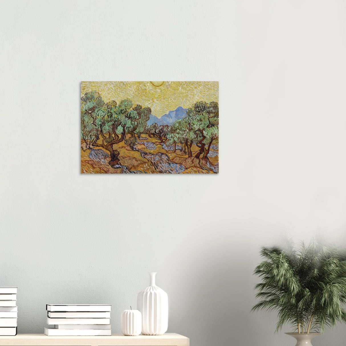 olive trees with yellow sky and sun by vincent van gogh wall art