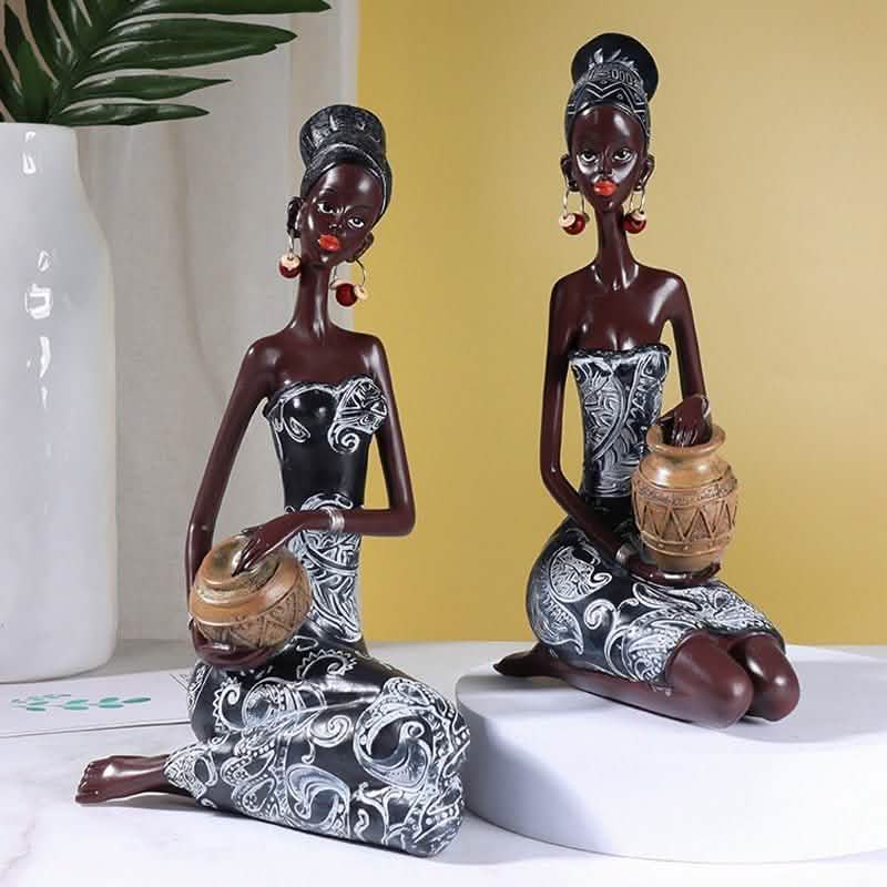 African Heritage Resin Sculpture – Retro Handcrafted Figurines - Water Vessel Figurine (Squatting Pose) - 