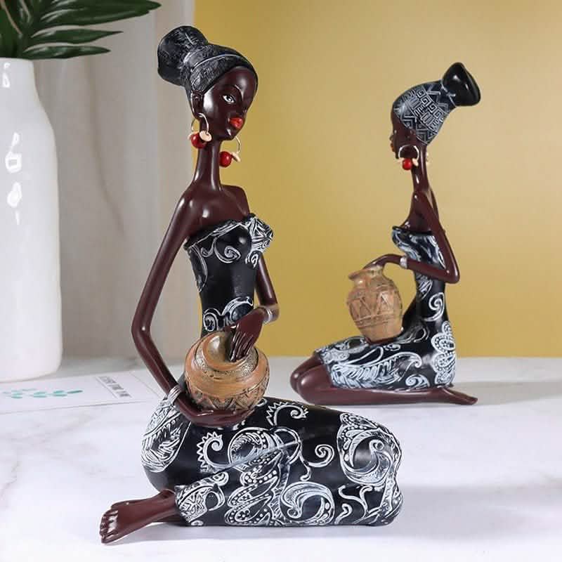 African Heritage Resin Sculpture – Retro Handcrafted Figurines - Water Vessel Figurine (Squatting Pose) - 