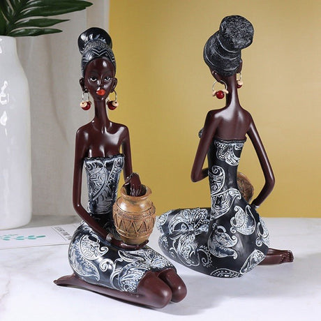 African Heritage Resin Sculpture – Retro Handcrafted Figurines - Water Vessel Figurine (Squatting Pose) - 