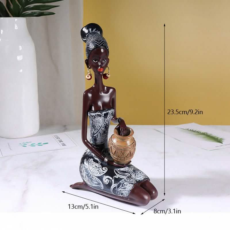 African Heritage Resin Sculpture – Retro Handcrafted Figurines - Water Vessel Figurine (Squatting Pose) - 