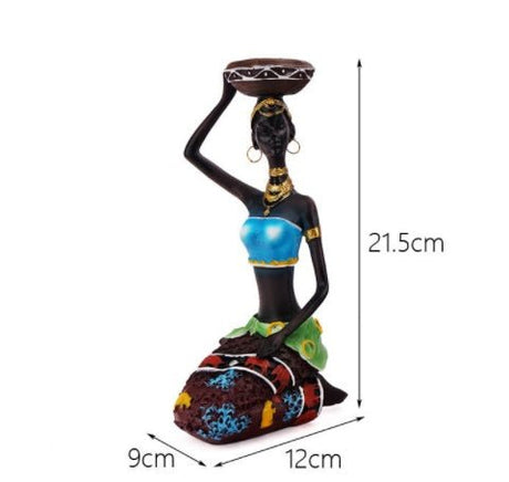 African Resin Women Statues – Handcrafted Decorative Figurine Set - Candle Holder - Blue - 