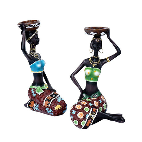 African Resin Women Statues – Handcrafted Decorative Figurine Set - Candle Holder - Blue - 