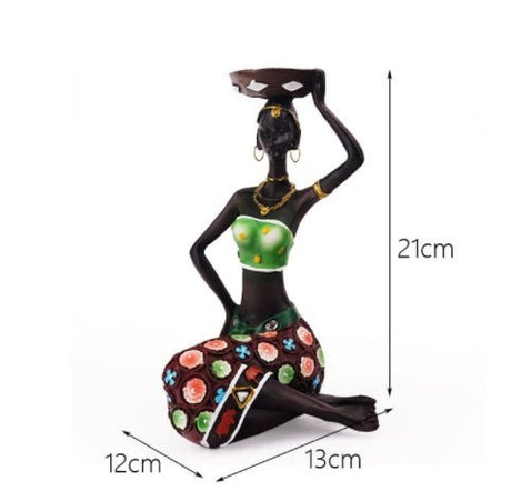 African Resin Women Statues – Handcrafted Decorative Figurine Set - Candle Holder - Green - 