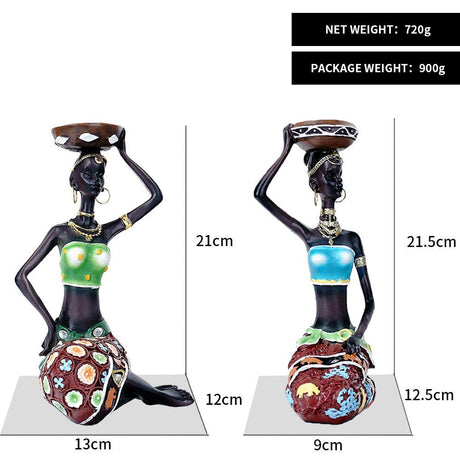 African Resin Women Statues – Handcrafted Decorative Figurine Set - Candle Holder - Set - 